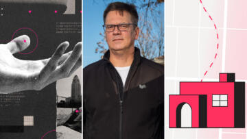 Collage of art from three stories that won the Online Journalism Awards. The first image is a closeup of a open hand set against a background of code and abstract shapes. The second image is a photograph of a man wearing a Lyft jacket. The third image is an illustration of a cubic house with a dashed line coming out of the top of it.