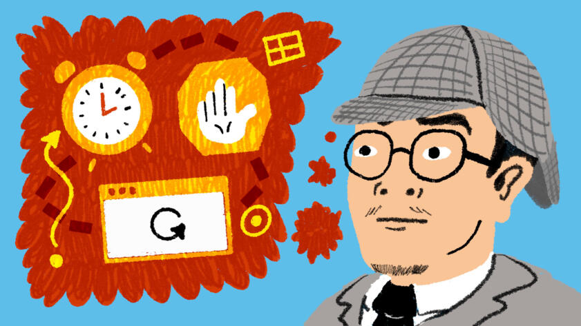 Hand-drawn illustration of engineering intern Bach Le in a tweed deerstalker hat with a thought bubble filled with icons of a clock, a stop hand, and a reloading browser
