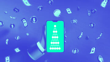 3-D illustration of a hand holding a phone. The phone is displaying a pyramid structure with circles leading to more circles on the bottom. In the background, there are floating coins and dollar bills.