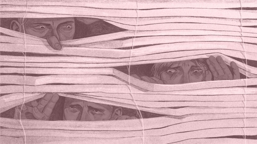 Digital illustration of three people peeking behind blinds, with suspicion and fear in their eyes.