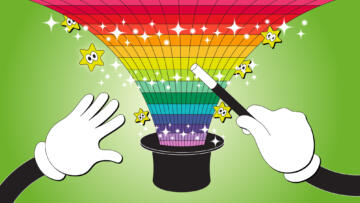 Digital illustration of two hands wearing gloves. The right hand is holding a magic wand and summoning a rainbow spreadsheet out of a top hat.