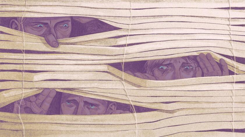 Digital illustration of three people peering behind blinds looking suspiciously around each other. Every person's pupil has a light blue right glow reflected in it.