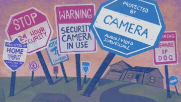 Digital illustration of multiple signs placed in front of a house, each warning about a security system. The perspective is distorted so that the signs appear huge and intimidating; the house can be seen on the horizon,with two packages in front of its porch.
