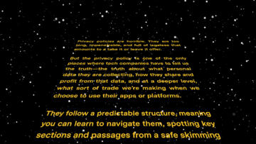 They follow a predictable structure, meaning you can learn to navigate them, spotting key sections and passages from a safe skimming" done in the style of a Star Wars crawl, set to a starry backdrop.