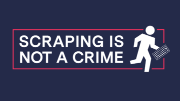Digital design of the text "SCRAPING IS NOT A CRIME" in white sans-serif font. To the right is a human figure running while holding a keyboard.