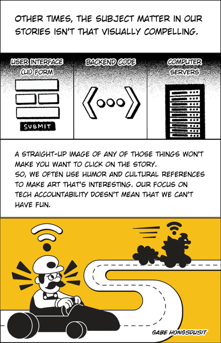 Panel 1: “Other times, the subject matter in our stories isn’t that visually compelling.” Panel 2: The header text “UI Form” above an illustration of four blank fields on top of a button that says “submit.” Panel 3: The header text “Backend Code” above an illustration of the code symbols “.” Panel 4: The header text “Computer Servers” above an illustration of a computer server. Panel 5: “A straight-up image of any of those things won’t make you want to click on the story. So, we often use humor and cultural references to make art that’s interesting. Our focus on tech accountability doesn’t mean that we can’t have fun.” Panel 6: Illustration of an Italian plumber racing cars against an evil turtle. The plumber is lagging behind and has a low Wi-Fi symbol above his head. The turtle is ahead of the race and has the full Wi-Fi symbol.