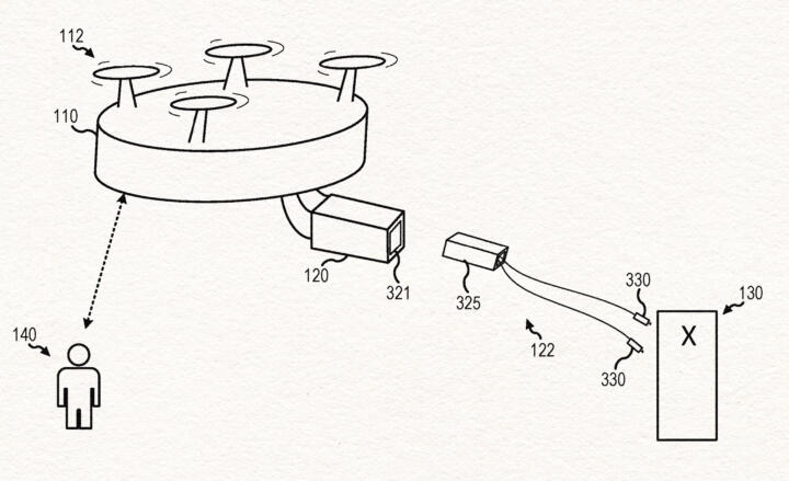 Black and white line illustration of an Axon drone, with various arrows and number pointing to parts of it. There is a human figure standing on the bottom left, with a double-headed arrow between the figure and the drone.