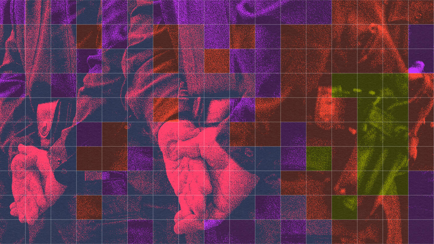 Digital illustration of a grid overlaid on top of a closeup grainy photograph of two police officers holding their hands behind their back. One police officer’s gun is visible in the photo. Various squares are colored in pink, purple, orange and yellow.