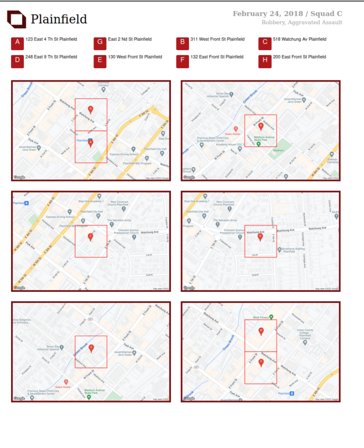 Screenshot of a Geolitica report showing 6 different map views of Plainfield, New Jersey. Each map view has a location pin surrounded by a red square.