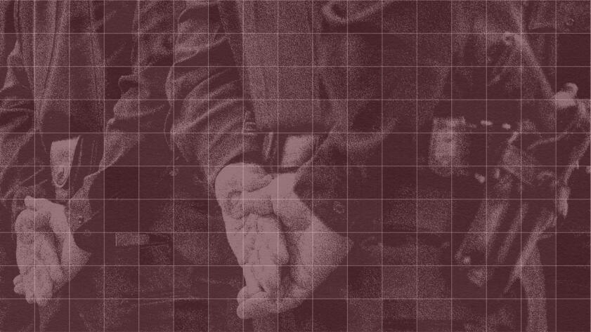 Digital illustration of a grid overlaid on top of a closeup grainy photograph of two police officers holding their hands behind their back. One police officer’s gun is visible in the photo.