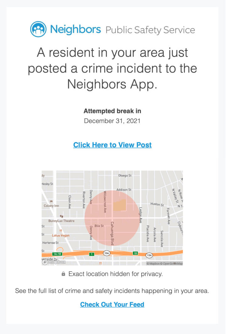 Screenshot of an email alert of a crime incident. The header text says “A resident in your area just posted a crime incident to the Neighbors App.” On the bottom there’s an image of a map of Los Angeles, with a transparent red circle overlaid on top of it.
