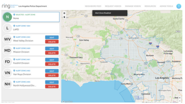 Screenshot of the Ring interface that the LAPD uses. On the left side there’s a list of various alerts labeled with “Alert Zone” and on the right is a blue outlined overlay over a map of Los Angeles.