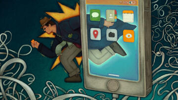 Illustration depicting a man wearing a long trench coat, sunglasses, and a scarf, running behind an enlarged smartphone screen, with wires surrounding him that connect to the device.