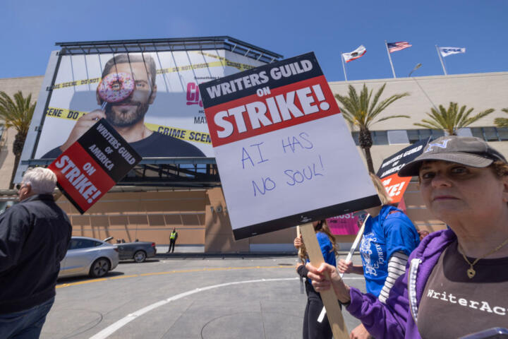 Photograph of a protester holding up a sign that says, “AI HAS NO SOUL!”