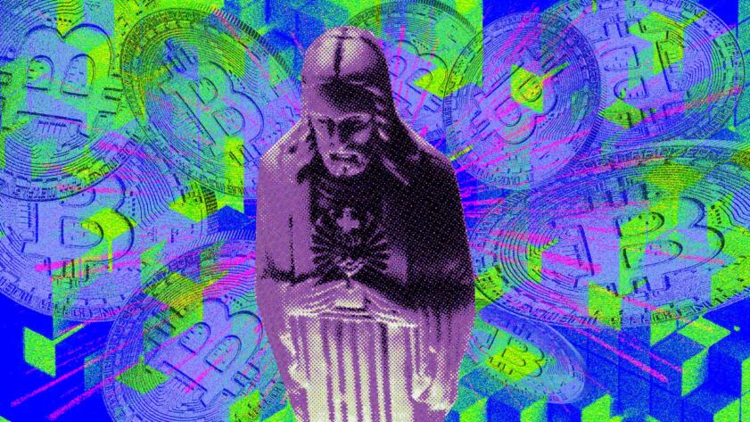 Photo collage of Christ surrounded by distorted bitcoins, standing in front of an abstract cubist background.
