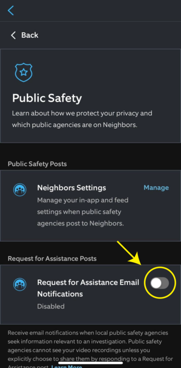 Screenshot of the Public Safety page on the Ring app showing the option to manage Neighbors Settings.