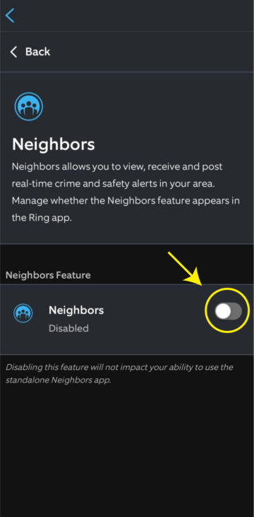 Screenshot of the Neighbors page on the Ring app showing the option to disable Neighbors.