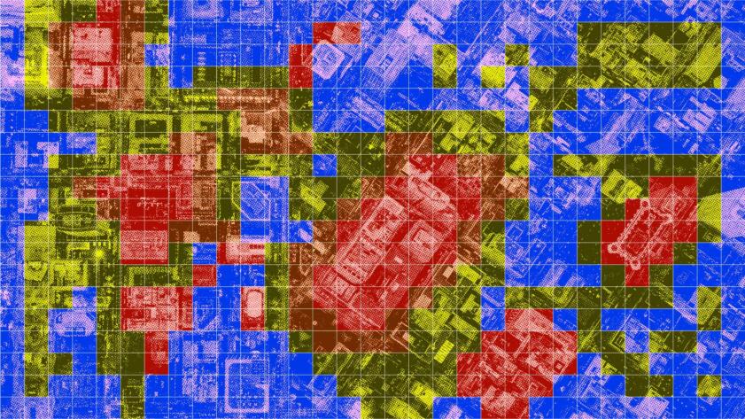 Digital photo collage showing a city overview with an overlaid grid. Specific squares are highlighted in red and yellow, indicating hotspots.