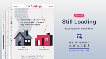 Digital graphic of four screenshots of stories from the Still Loading series, layered on top of each other. To the right is the text "Still Loading." On top of it is the text "WINNER." On the bottom is the text "Excellence in Innovation" and the Scripps Howard Awards logo.
