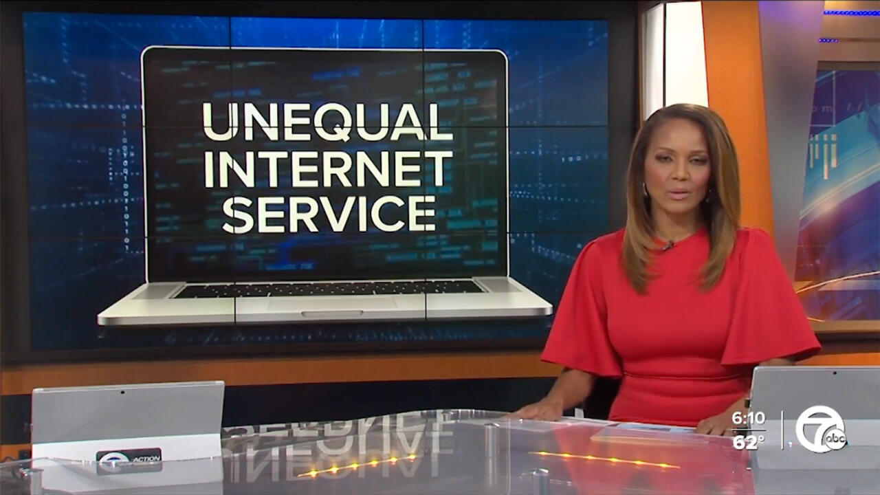 Thumbnail image of news anchor Carolyn Clifford seated at a desk. In the background, there’s an image of a laptop with the words “UNEQUAL INTERNET SERVICE.”