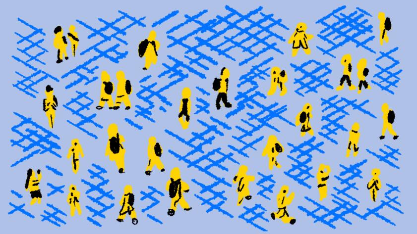 Illustration depicting an aerial view of abstract yellow figures walking, some of whom are carrying backpacks