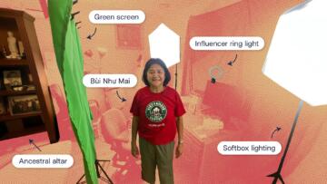 Wide-angle photo of Bùi Như Mai at her home, with annotations pointing to an ancestral altar, a green screen, Mai, an influencer ring light and softbox lighting