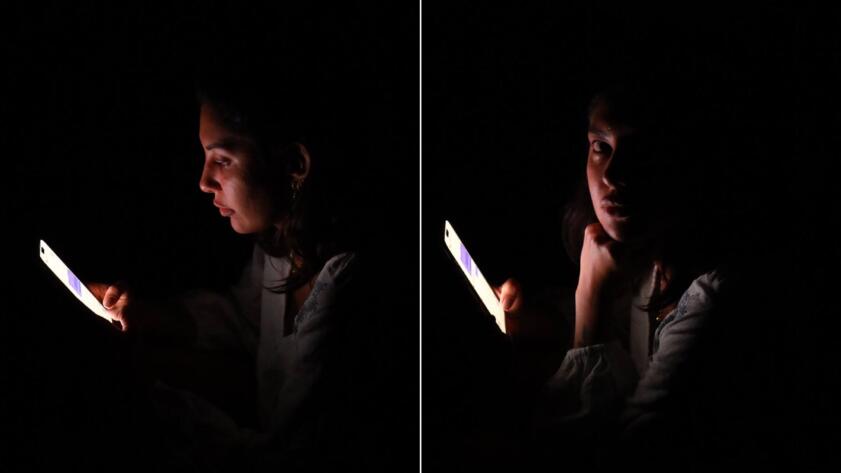 Side-by-side photographs of Mirna in the dark with her phone, the right photo showing her looking up at the camera