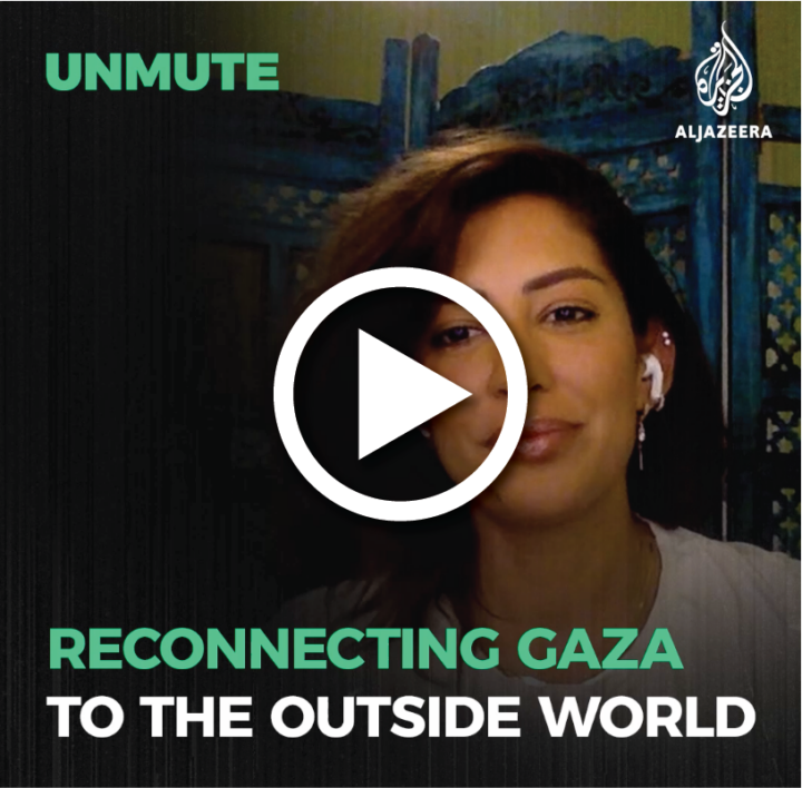 Thumbnail of an Instagram video showing Mirna with the text “Reconnecting Gaza to the outside world” underneath it