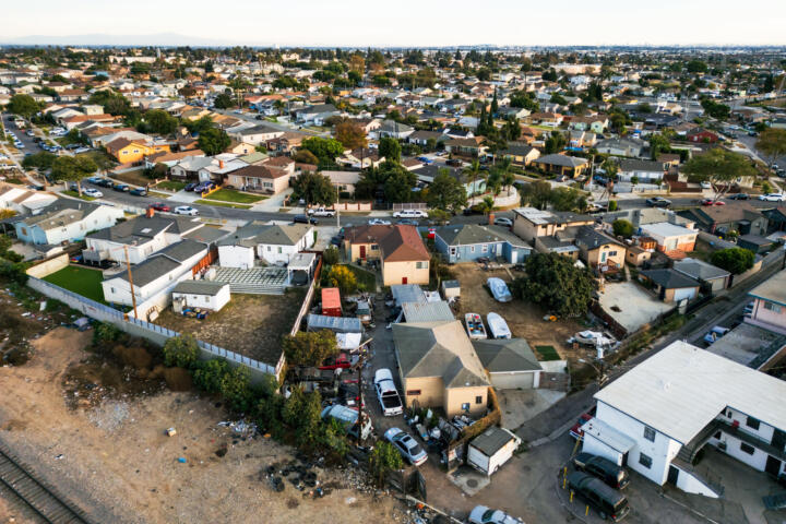 Photograph of an aerial view of the Athens neighborhood during sunset