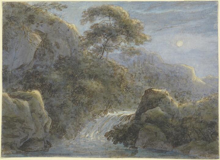 Watercolor painting of a waterfall landscape; the background sky shows a full moon