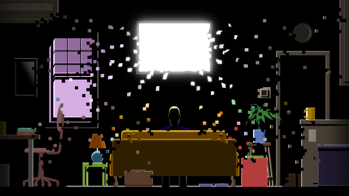 Digital illustration of a living room, where the furniture and objects are being sucked pixel by pixel into a television displaying a bright white screen