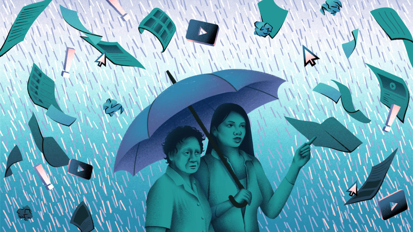 Illustration of a young Asian woman holding an umbrella while walking with an older Asian woman; both are being shielded by falling exclamation points and YouTube thumbnails