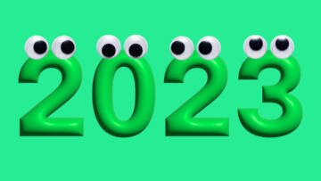 Photo illustration of the numbers 2023 in the green, with googly eyes on each number