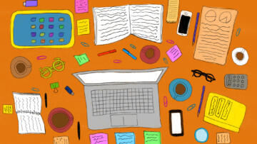 Illustration of an overhead view of various work-related items, including a laptop, post-its, pens, devices and notebooks