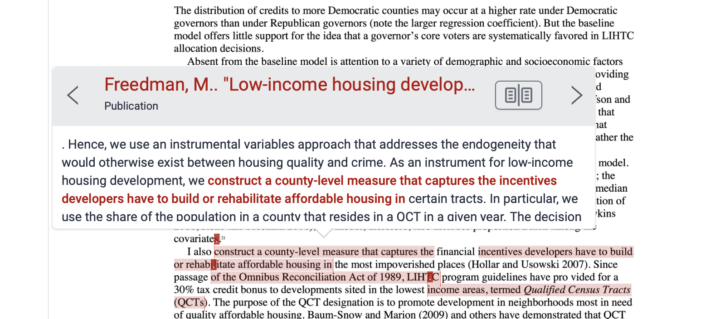 Screenshot of Turnitin showing highlighted lines in Claudine Gay’s paper, with a pop-up displaying the corresponding overlapping text.