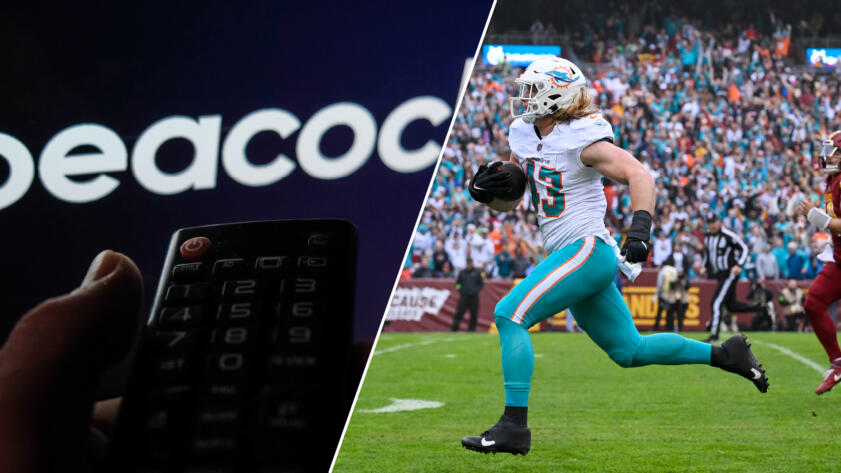 Photo collage of two images; left photograph shows a hand holding a remote in front of a TV displaying the Peacock logo, right photograph shows the side profile of a Miami Dolphins football player running