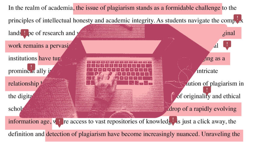 Photo illustration featuring a vignette of hands working at a laptop set against a background of essay text that is highlighted and flagged