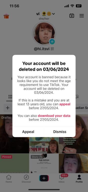 Screenshot showing a popup that says Violet Elliot’s Tiktok account will be deleted on 03/06/2024