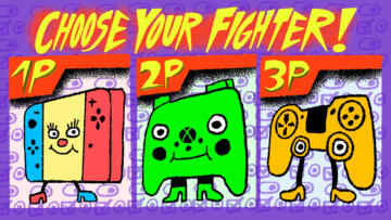 Illustration of three video game console characters in a character select screen: a Nintendo Switch, an Xbox controller and a Playstation controller, with the words “Choose your Fighter!” above them