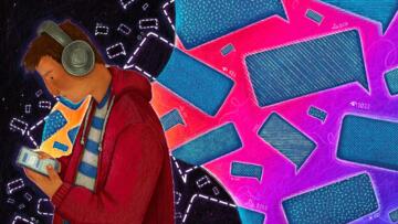 Illustration of a short-haired person wearing headphones and a hoodie looking at their phone, set against a background of rectangular speech bubbles; half of them are dotted outlines on a dark background, while the other half are filled with various patterns and set on pink and purple gradient