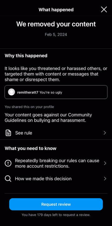 Screenshot of a removal notice from Instagram for the comment “You’re so ugly”