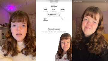 Photo collage of screenshots from Violet Elliot’s Tiktok videos, showing various selfies, including one where she appears in front of a screenshot showing her account is banned