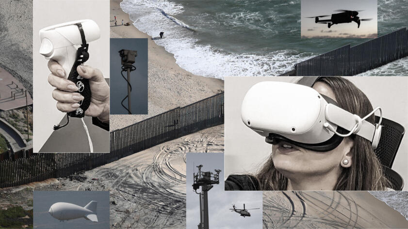 A photo illustration of a woman wearing a virtual reality headset amidst surveillance imagery on the U.S.–Mexico border.