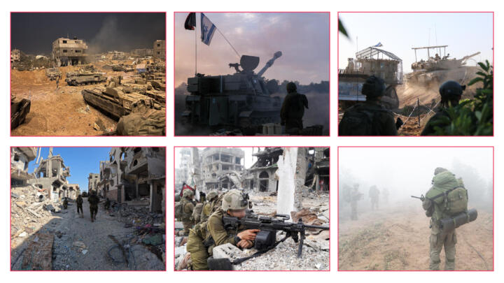 Photo collage of 6 photos of subjects like tanks, soldiers, guns, and buildings destroyed by bombs