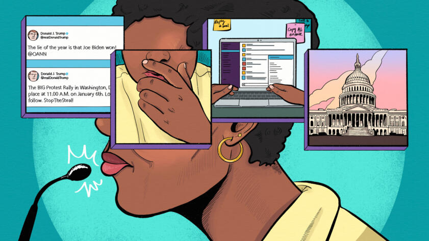 Illustration of the side profile of a Black woman with short hair speaking into a microphone; the upper half of her face is obscured with square vignettes showing Trump’s tweets, a closeup of her hand over her mouth, a laptop showing a Slack conversation, and the Capitol building