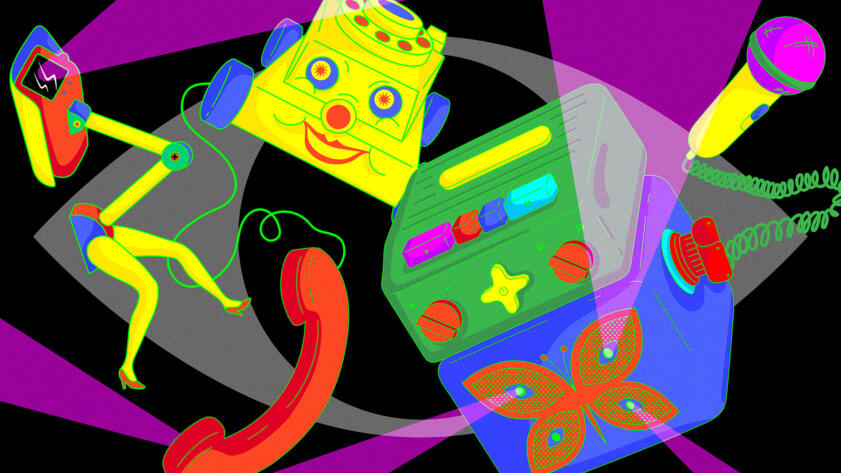 Digital illustration of a security camera attached to Barbie legs, an old-school phone toy with a face attached to it, and a karaoke machine set against a black background of an eye