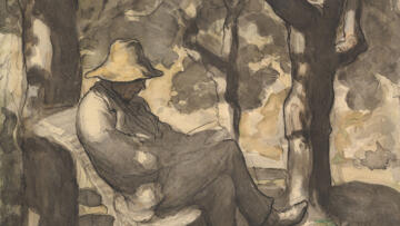 Watercolor sketch of a man reading a book under the shade of some trees