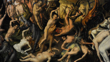 15th century Gothic painting of several naked European people being terrorized by demons