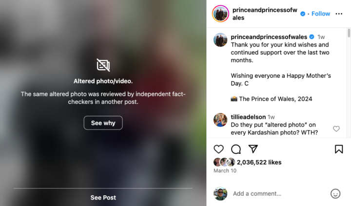 In a screenshot of an Instagram post from @princeandprincessofwales, the text “Altered photo/video” appears over a blurred photo.