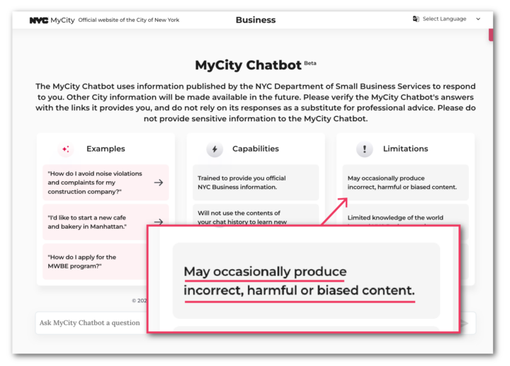 Screenshot of the homepage for MyCity Chatbot, with an annotation zooming in on the text “May occasionally produce incorrect, harmful or biased content”